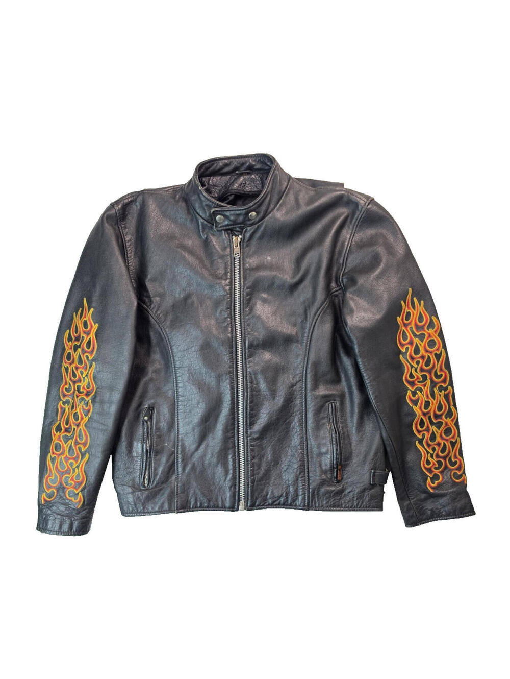 Hot Leathers Vintage Flames Embroidered Black Motorcycle Jacket Mens Medium M